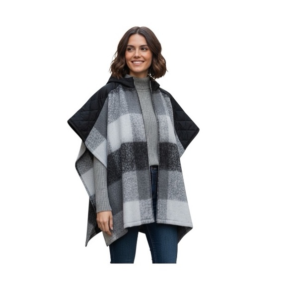 Time And Tru Plaid Hooded Zipper Poncho Sweater - Picture 2 of 11